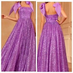 Purple Sequined, A Line, Pleated, Sleeveless, Gown